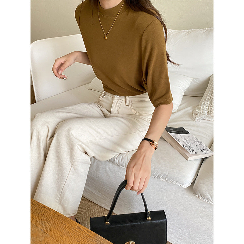 Damen elegantes Kurzarm-T-Shirt mit hohem Kragen Drune
