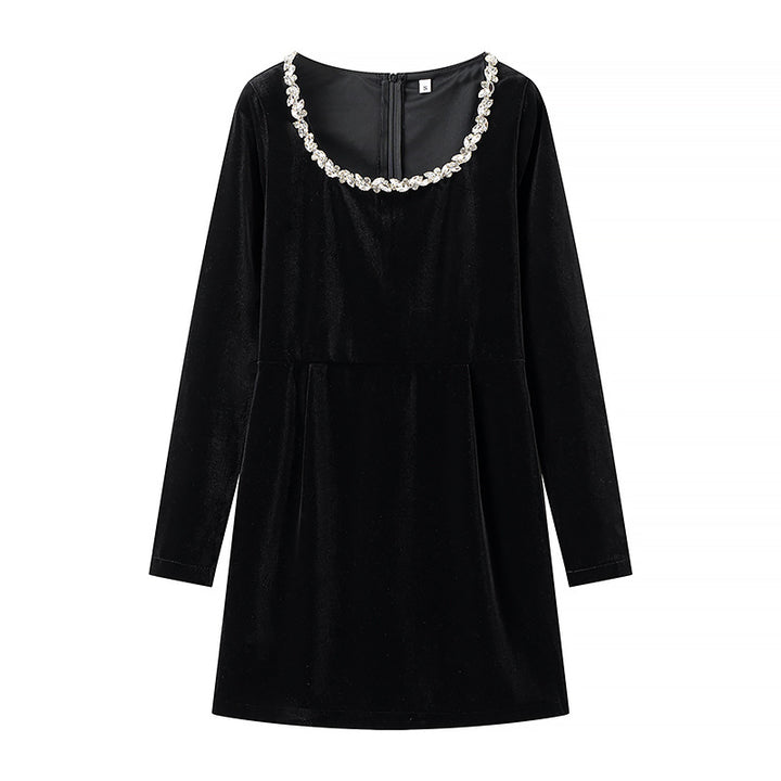 Damen Velourskleid mit eleganter Schmuckkragenverzierung Drune