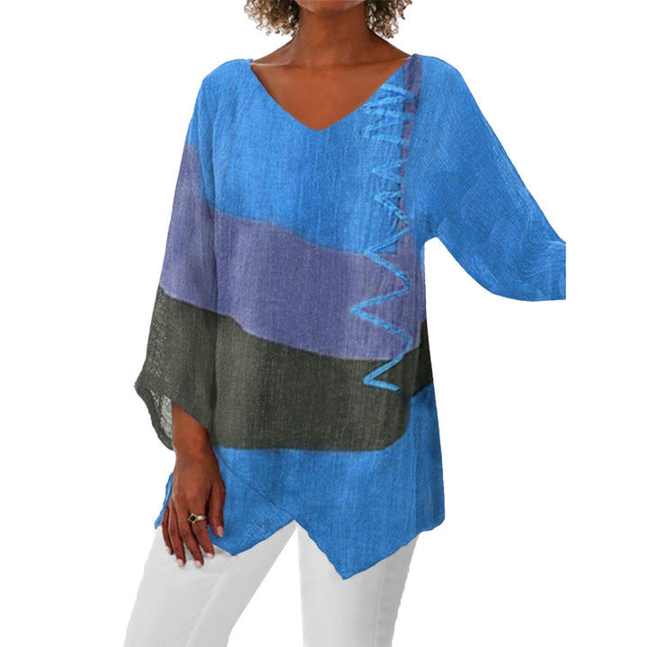 Frauen Casual A-Linien Leinenlook Tunika mit Farbblockstreifen und V-Ausschnitt Drune