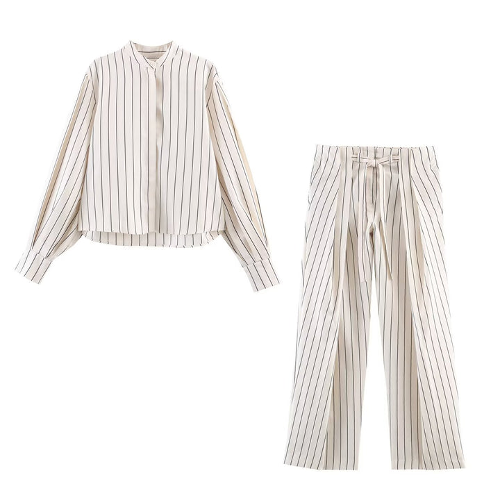 Damen Zweiteiliges Lässiges Nadelstreifen-Set: Stehkragen-Bluse & Weite Highwaist-Hose Drune
