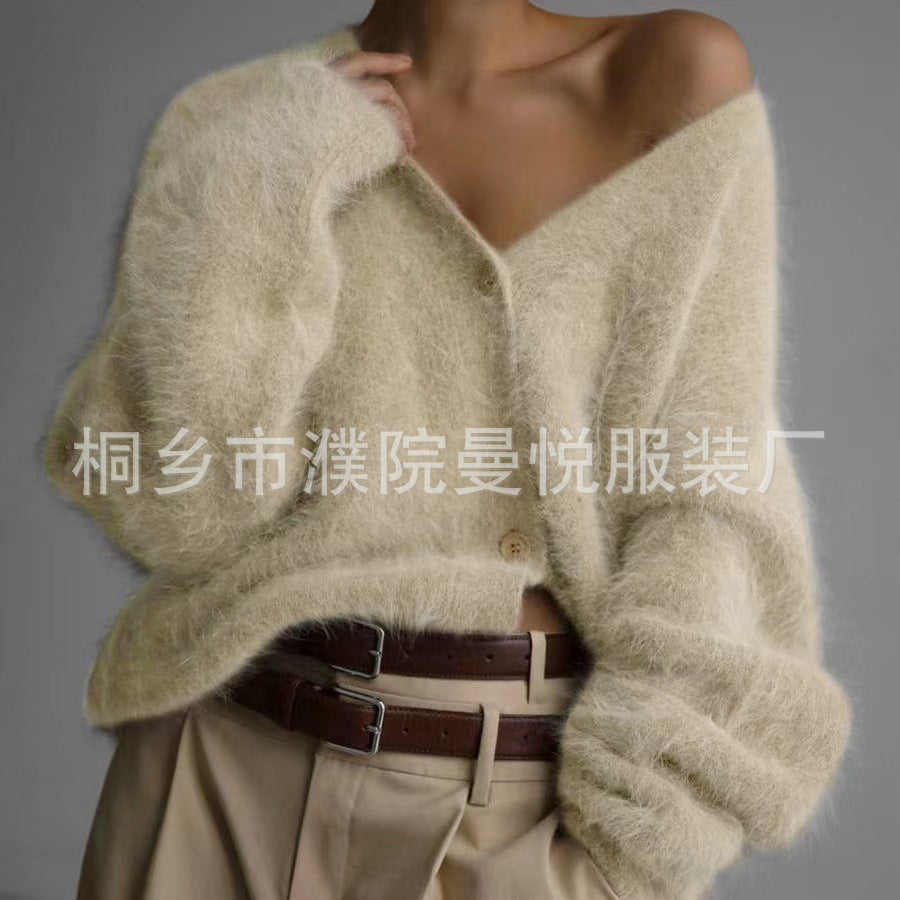 Damen Kuscheliger Oversize-Cardigan aus Teddy-Strick mit tiefem V-Ausschnitt Drune