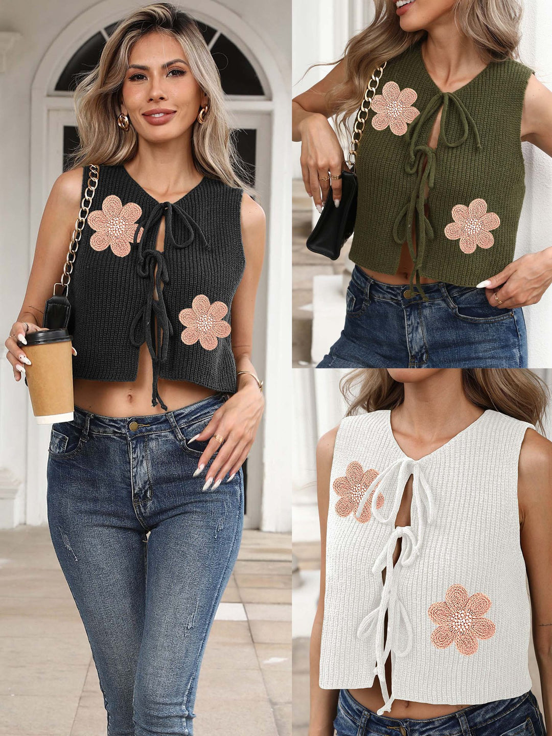 Damen Cropped Stricktop mit floralem Design und Bindebändern Drune