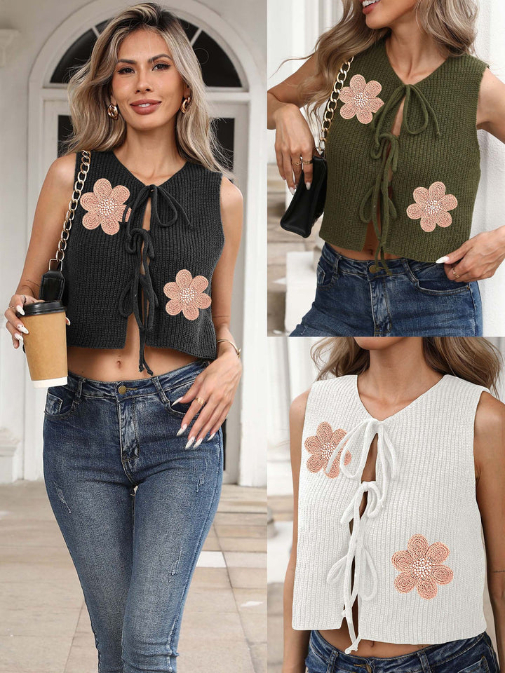 Damen Cropped Stricktop mit floralem Design und Bindebändern Drune