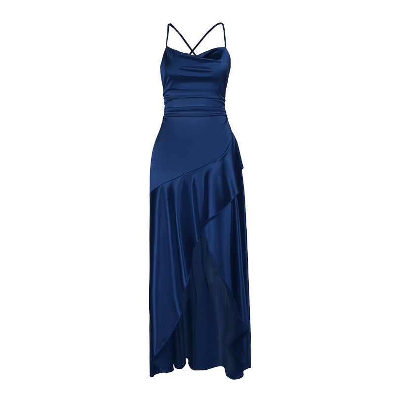 Damen luxuriöses Satin-Maxikleid mit asymmetrischem Schnitt Drune