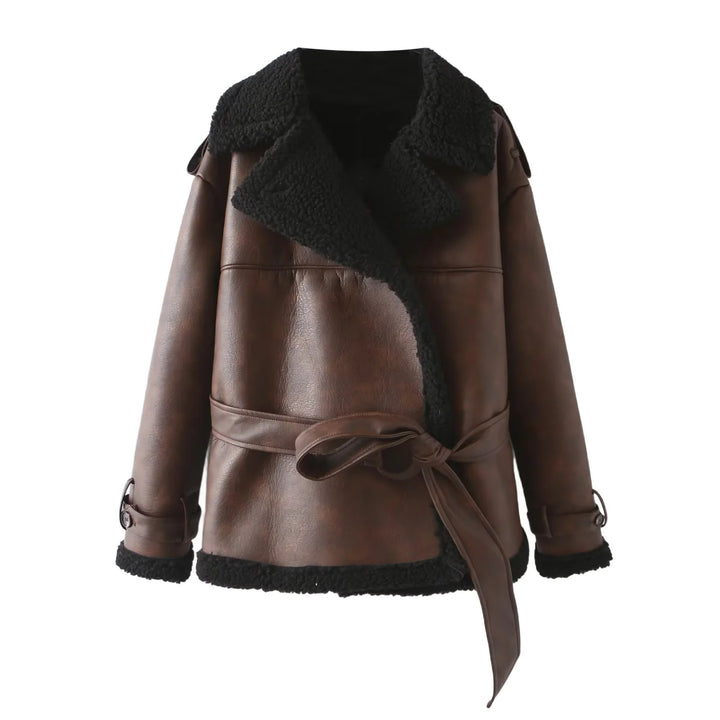 Damen nan taillierte Lammfellimitat‑Fliegerjacke mit Bindegürtel, Teddykragen und verstellbaren Manschetten Drune