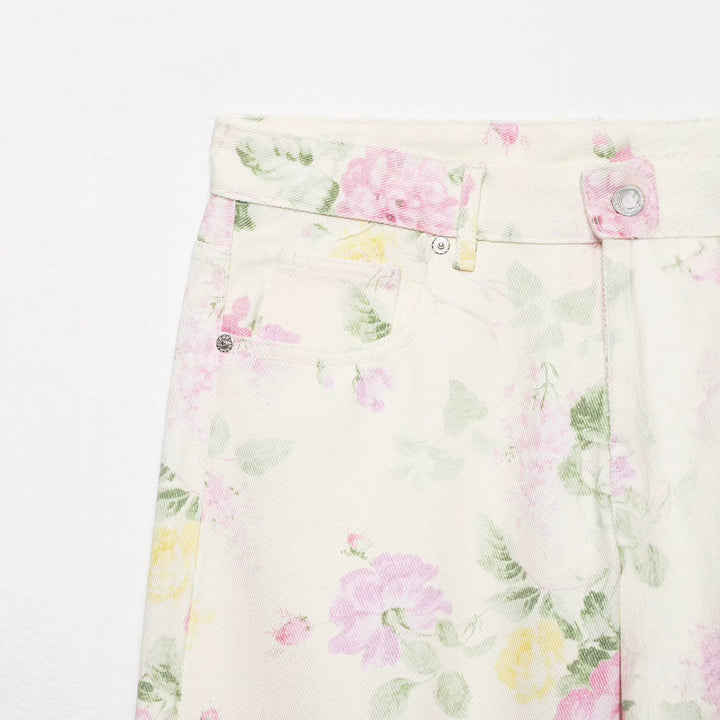 Damen Hochtaillierte weite Jeanshose mit zartem Blumenmuster und Fünftaschen-Schnitt Drune