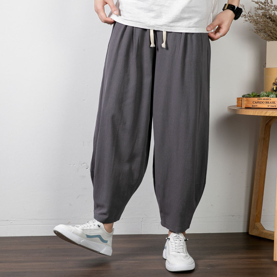 Herren Lässige Cropped Haremshose aus Baumwollmix mit Tunnelzug und gerippten Knöchelbündchen Drune