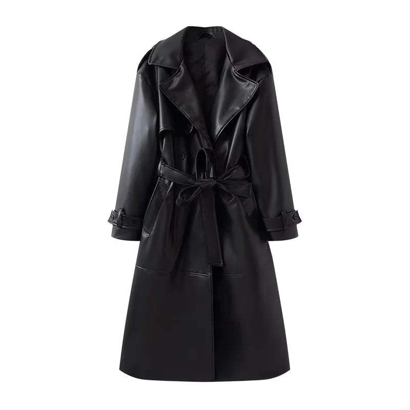 Damen nan taillierter veganer Trenchcoat aus Lederimitat mit Schalkragen und Bindegürtel Drune