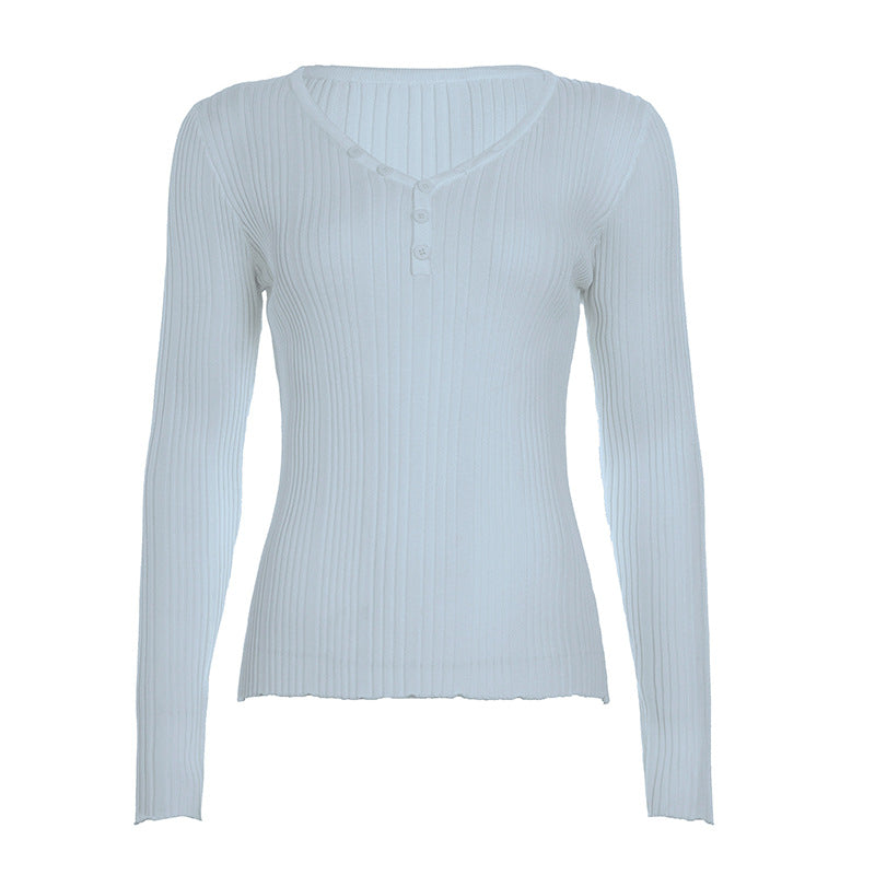 Damen nan feinstrukturierter Rippstrick-Longsleeve mit V-Ausschnitt, Henley-Knopfleiste und taillierter Passform Drune