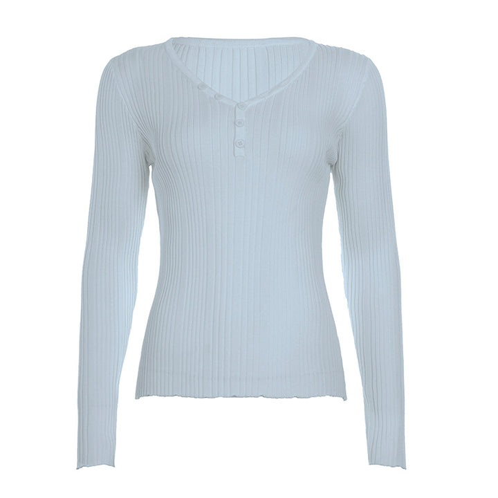 Damen nan feinstrukturierter Rippstrick-Longsleeve mit V-Ausschnitt, Henley-Knopfleiste und taillierter Passform Drune