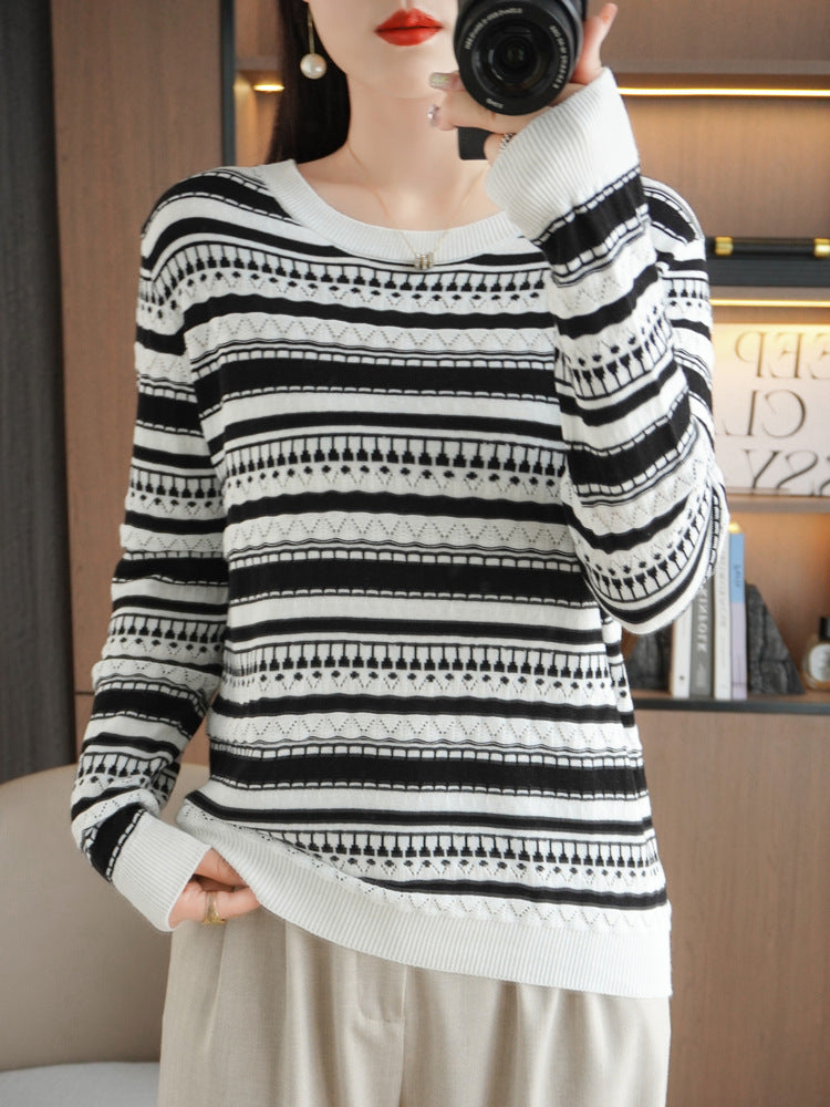 Damen Leichter Rundhals-Feinstrickpullover mit geometrischem Ajourstreifenmuster Drune