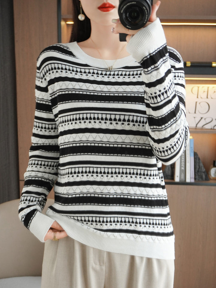 Damen Leichter Rundhals-Feinstrickpullover mit geometrischem Ajourstreifenmuster Drune
