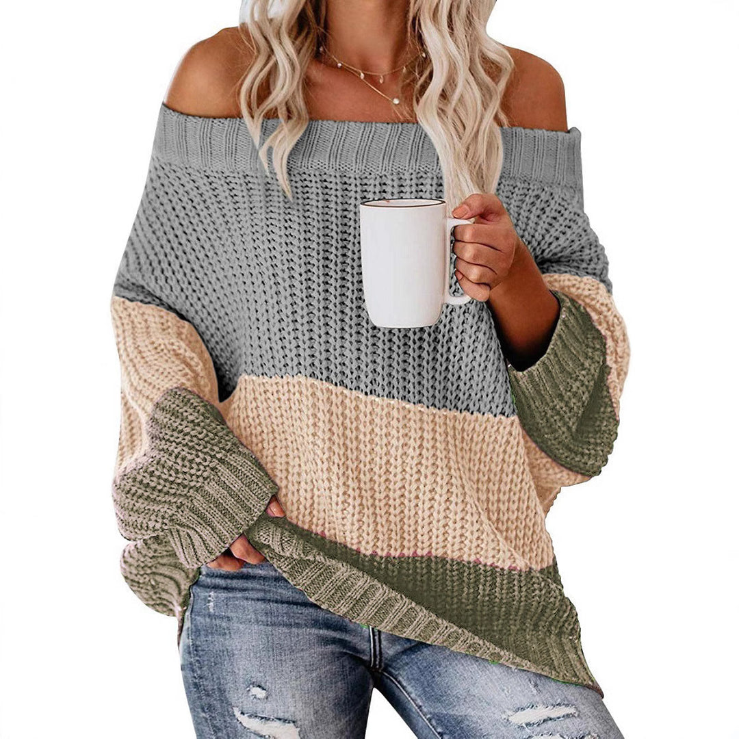 Damen Schulterfreier Oversize Blockstreifen Strickpullover Drune
