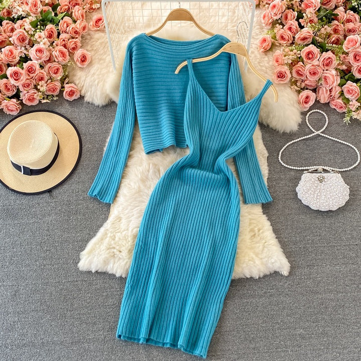 Damen Modisches Strickkleid- und Oberteil-Set Drune