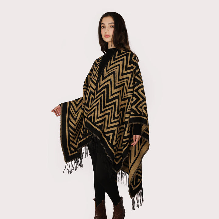 Damen Oversize-Umhang mit grafischem Zickzackmuster und langen Fransen Drune