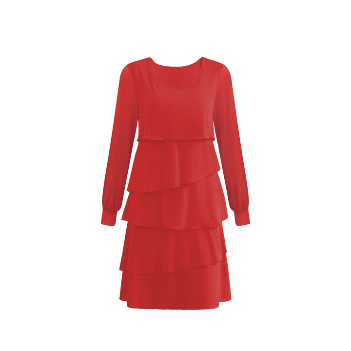 Damen Elegantes gestuftes Midikleid mit Volantlagen, Rundhalsausschnitt und Manschetten Drune