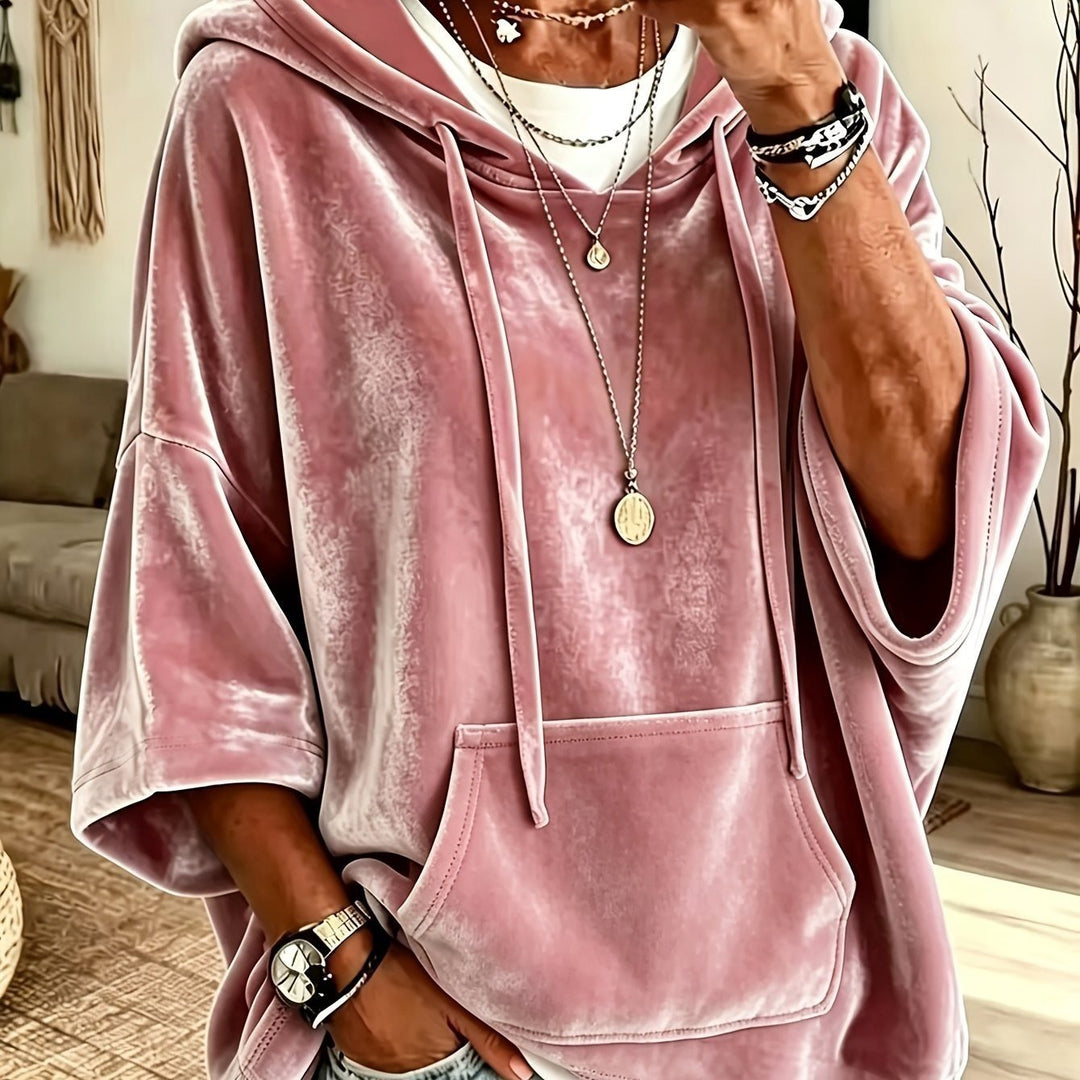 Damen Oversize Samt-Hoodie mit halbarm, Kapuze und Kängurutasche Drune
