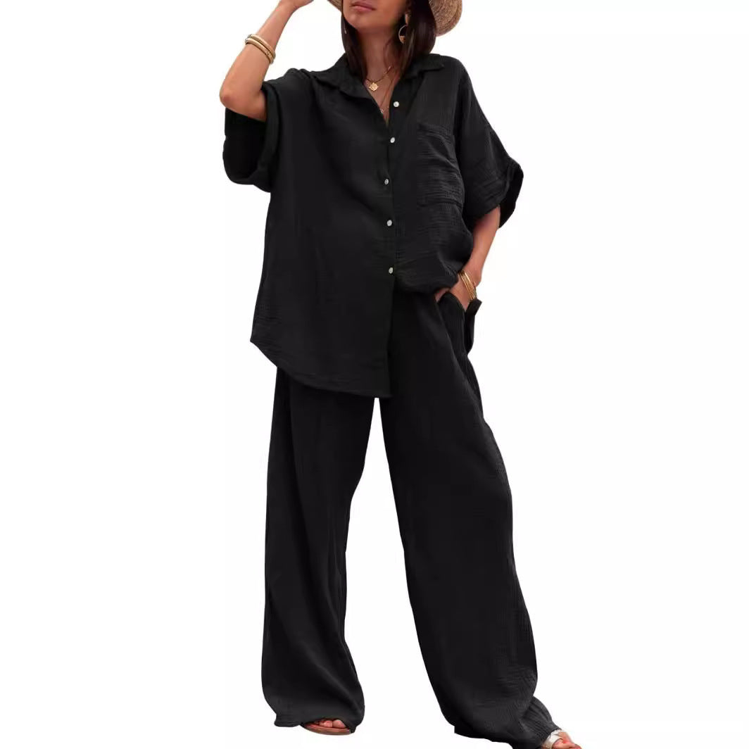 Damen luftiges Oversize-Hemd und weite Hose Set Drune