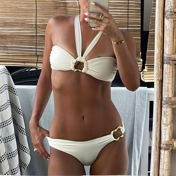 Damen Bandeau-Bikini-Set mit elegantem Ringdetail und verstellbaren Trägern Drune