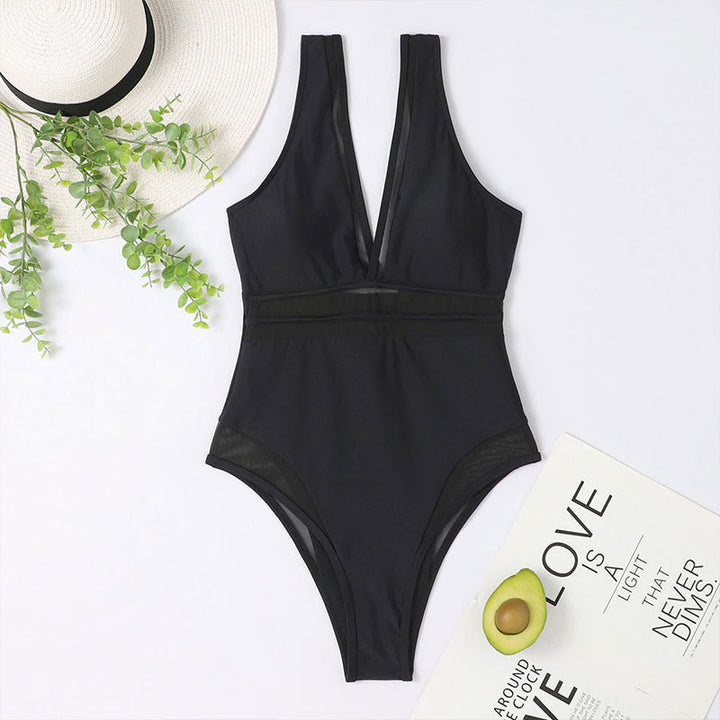Damen Einteiliger Badeanzug mit tiefem V-Ausschnitt und eleganten Transparentsdetails Drune