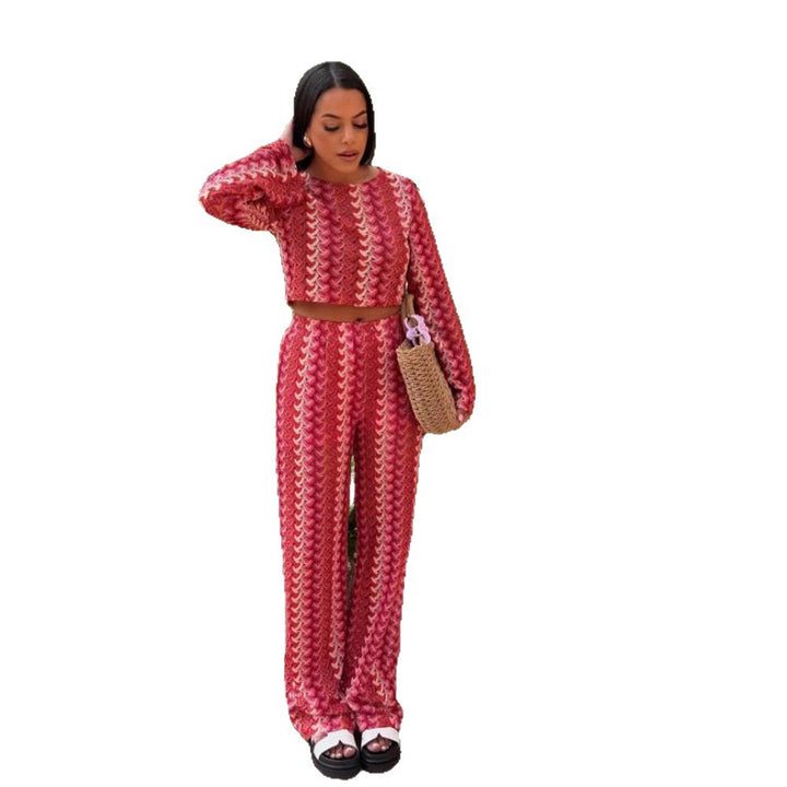 Damen Gehäkeltes zweiteiliges Lounge-Set mit kurzem Pullover und hochtaillierter Palazzo-Hose Drune