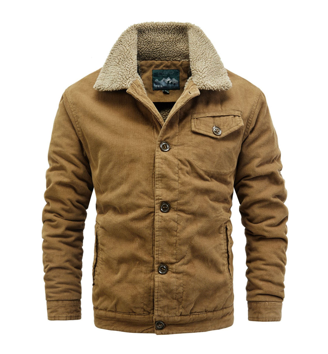 Herren Cord-Truckerjacke mit durchgehendem Sherpa‑Futter und Hemdkragen Drune