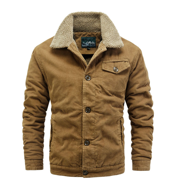 Herren Cord-Truckerjacke mit durchgehendem Sherpa‑Futter und Hemdkragen Drune