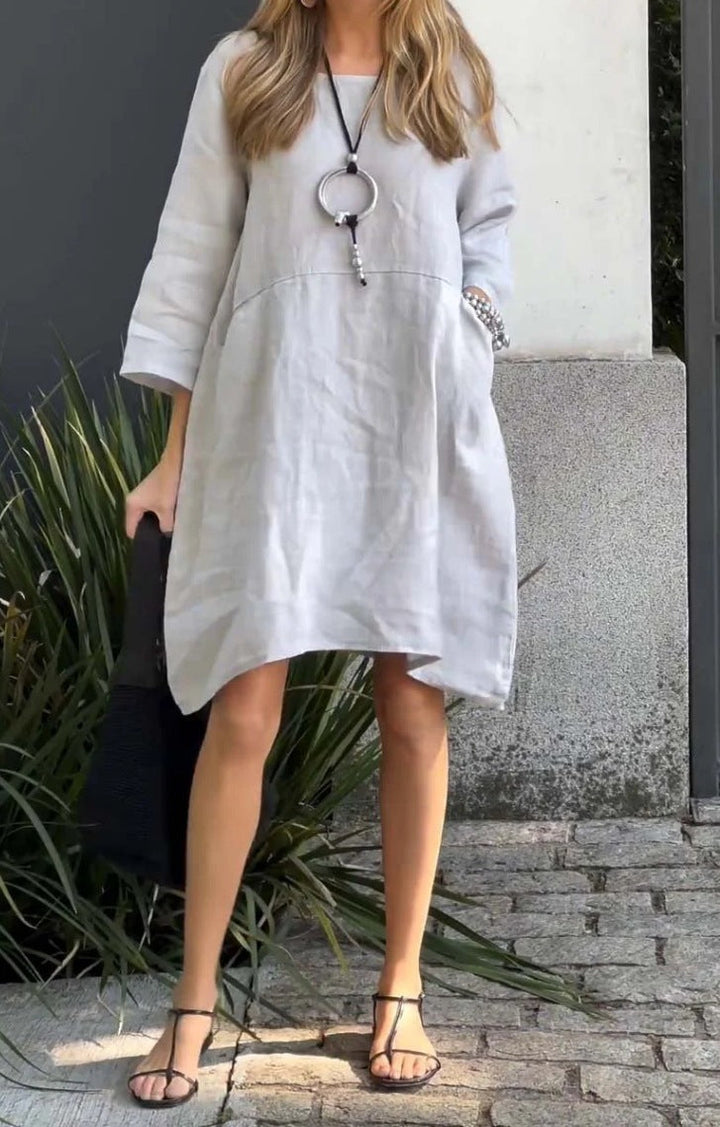 Damen lässiges Leinenkleid mit praktischen Taschen und asymmetrischem Saum Drune