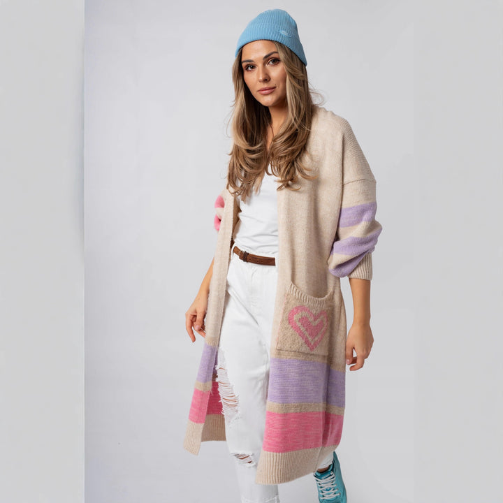 Damen Langärmliger Strickcardigan mit herzförmigen Taschen und modernem Farbblocking Drune