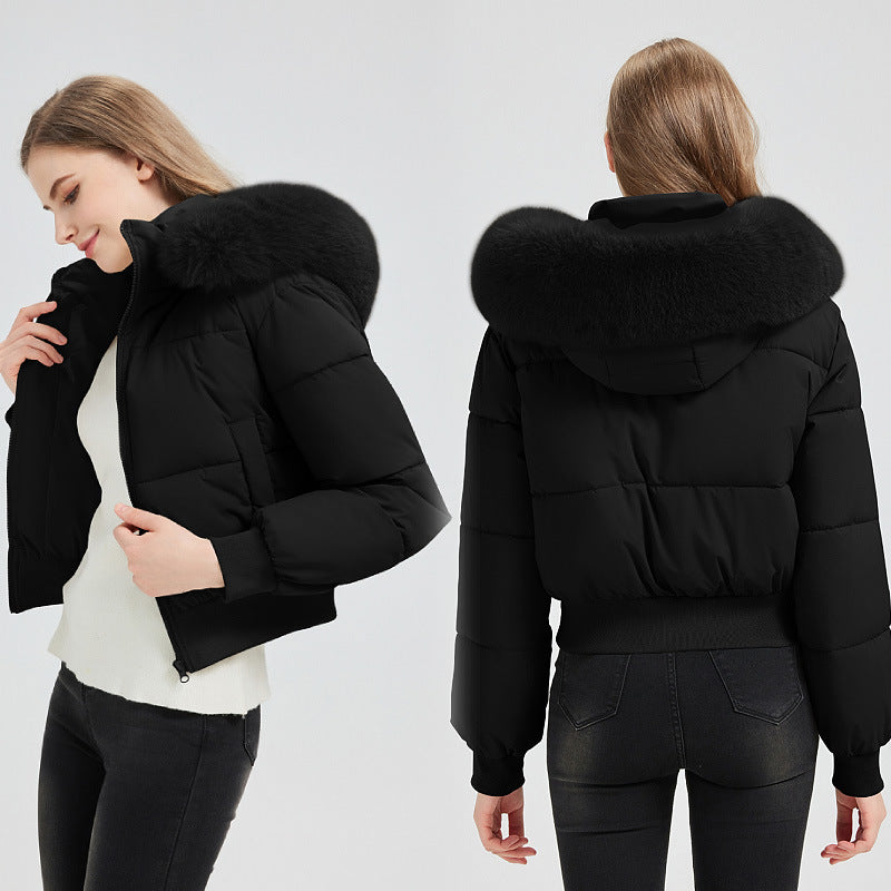 Damen Kurz‑Bomber‑Pufferjacke mit Kapuze und abnehmbarem Kunstfellkragen Drune