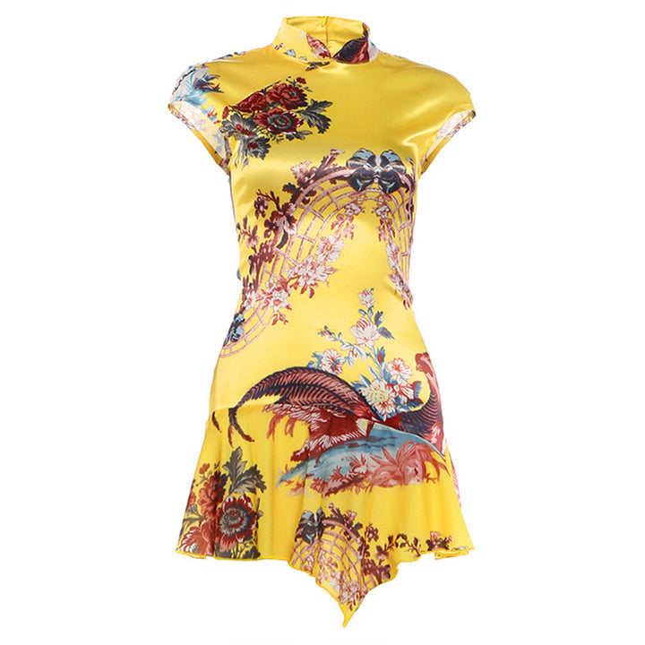 Damen Chiffon-Kleid mit asiatischem Design und Rüschendetails Drune