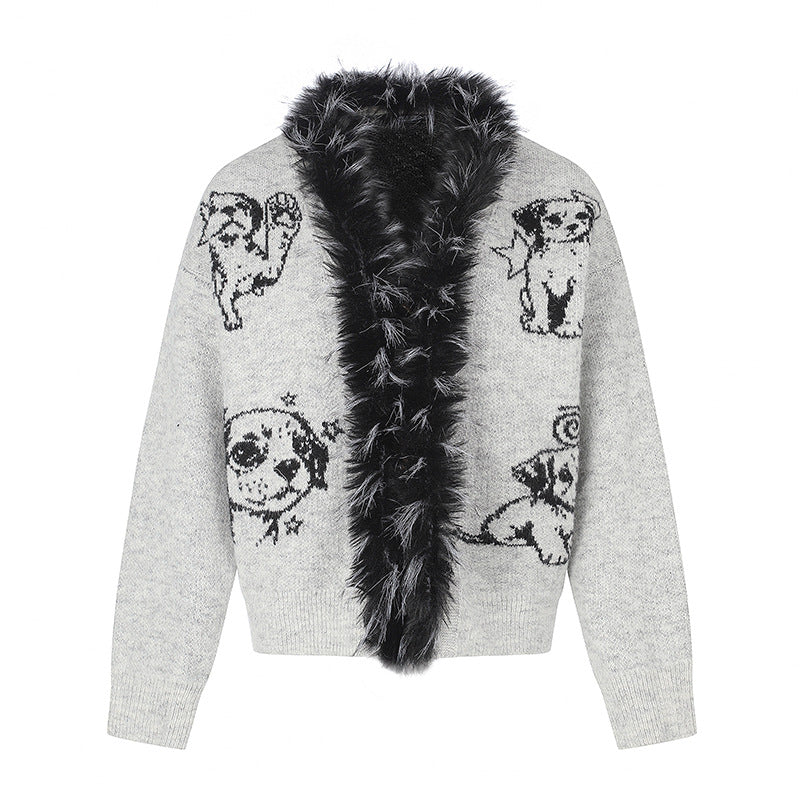 Damen Strickjacke mit Kunstfellkragen und illustrativem Hundemotiv Drune
