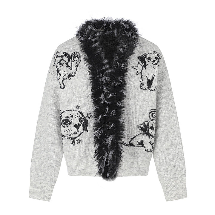 Damen Strickjacke mit Kunstfellkragen und illustrativem Hundemotiv Drune