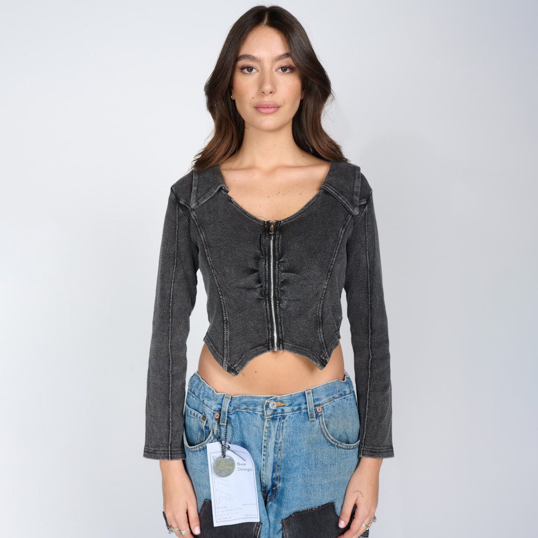 Damen tailliertes Jeansjacke mit Reißverschluss Drune