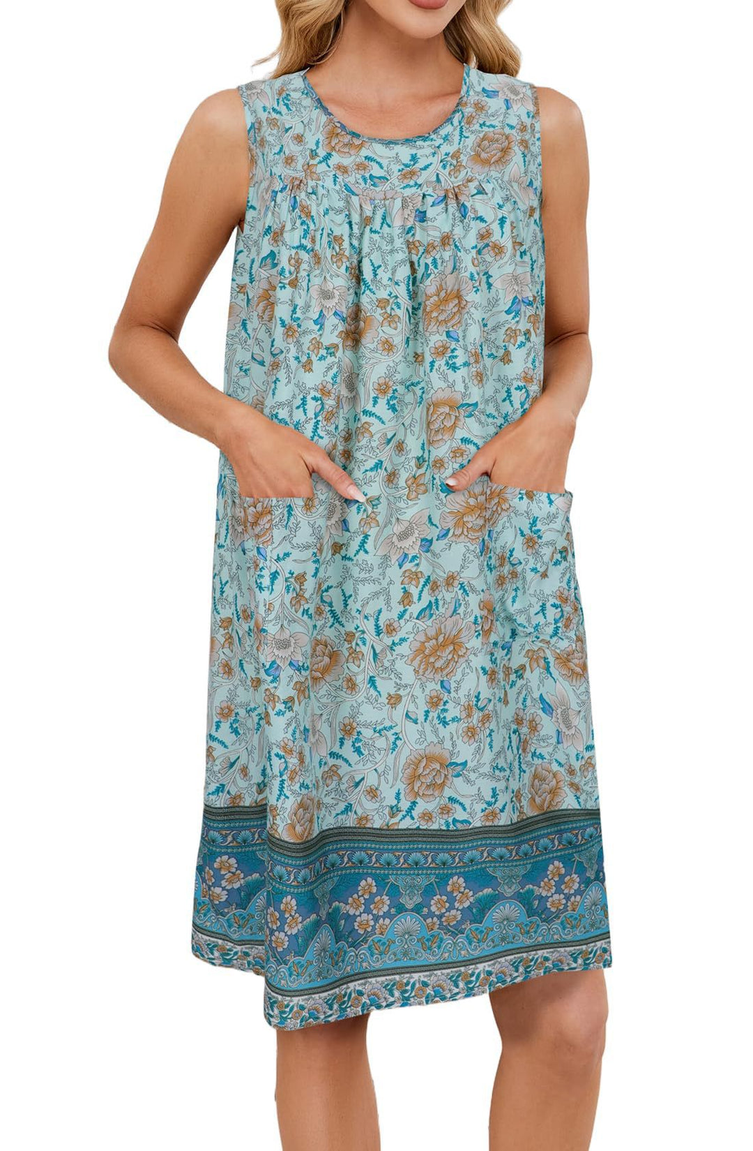 Damen luftiges Strandkleid mit praktischen Taschen und floralem Muster Drune