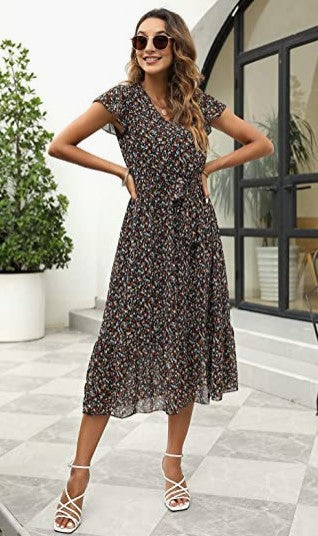 Damen Midi-Kleid mit floralem Design und Taillengürtel Drune