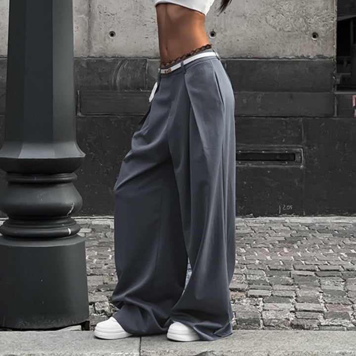 Damen elegante Weite Hosen mit hohe Taille und dekorativem Spitzenbund Drune