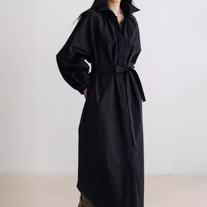 Damen Hemdkleid mit Taillengürtel, Stehkragen und Ballonärmeln Drune