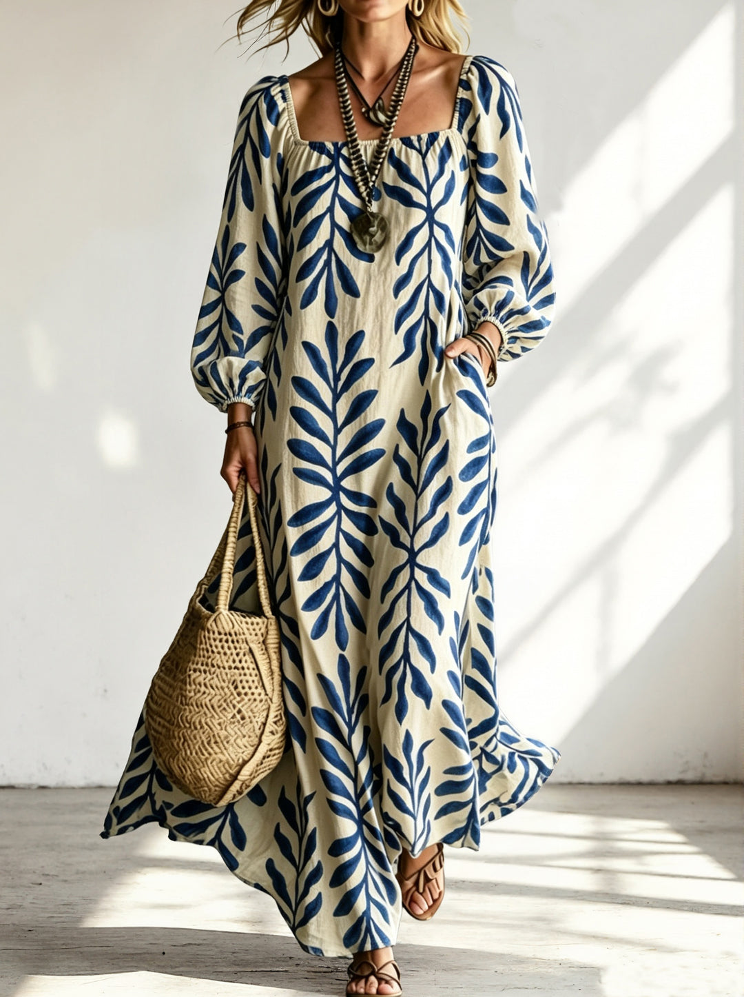 Damen Maxikleid mit quadratischem Ausschnitt, Ballonärmeln und botanischem Print Drune