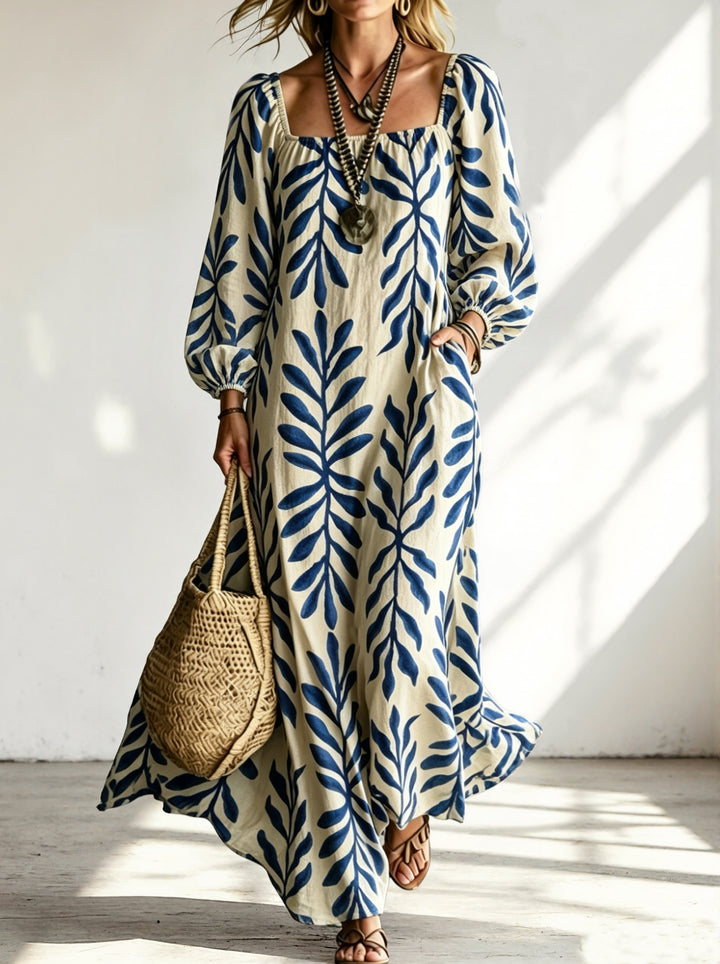 Damen Maxikleid mit quadratischem Ausschnitt, Ballonärmeln und botanischem Print Drune
