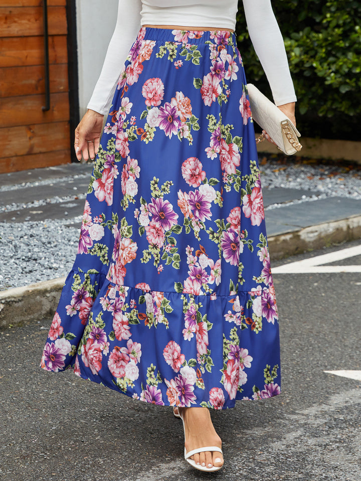 Damen Maxi-Rock mit floralen Volantdetails und elastischem Bund Drune