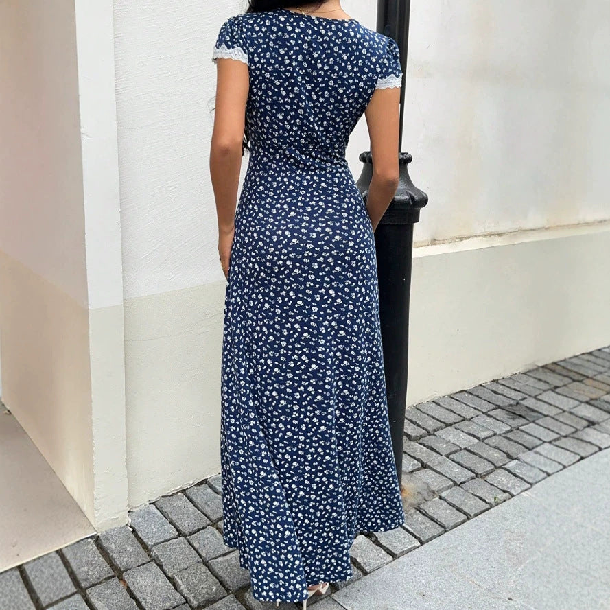 Damen Maxikleid mit floralem Muster und elegantem Spitzenbesatz Drune