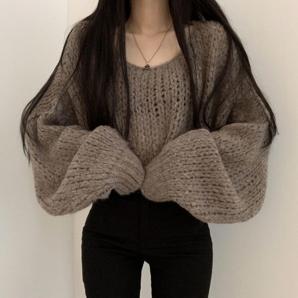 Damen lässiger Strickpullover mit voluminösen Puffärmeln und offener Strickstruktur Drune