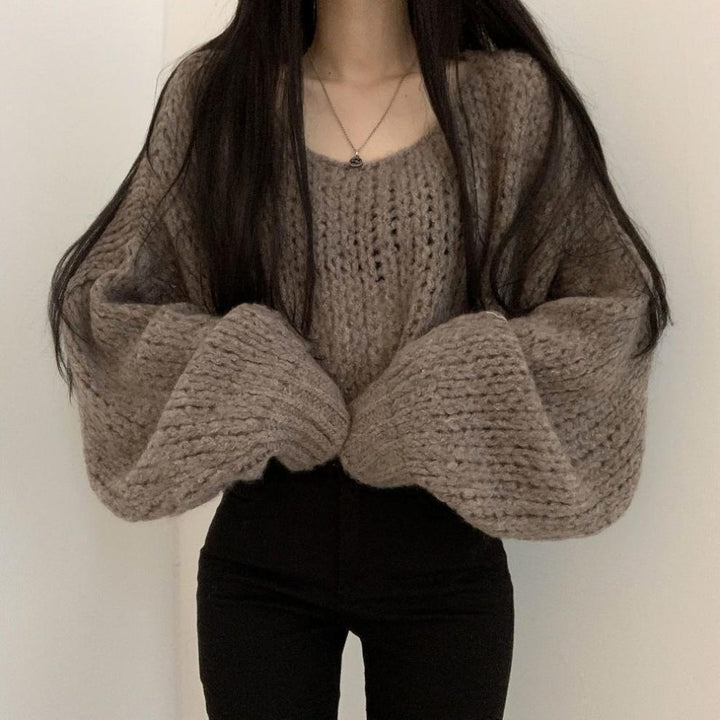 Damen lässiger Strickpullover mit voluminösen Puffärmeln und offener Strickstruktur Drune