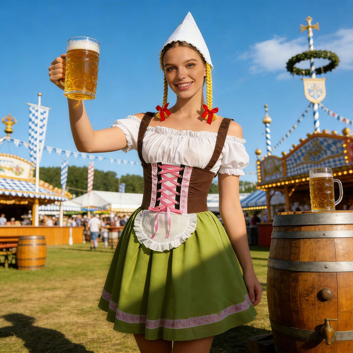 Damen nan traditionelles Dirndl-Kostüm mit Schnürung, Schürze und spitzem Kopftuch Drune