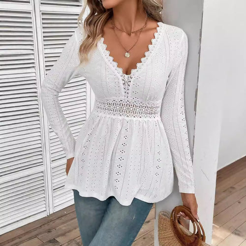 Damen nan romantische Broderie-Anglaise Tunika mit Taillen-Spitzenband und V-Ausschnitt Drune