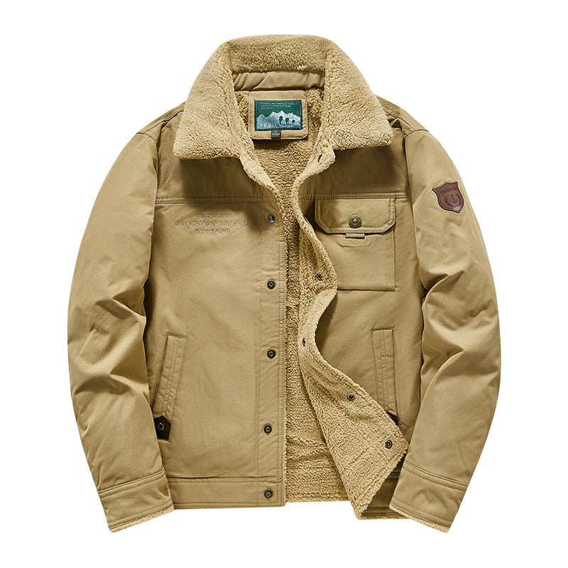 Men's  rugged sherpa-lined canvas chore jacket with stand collar and button-flap chest pocket Drune