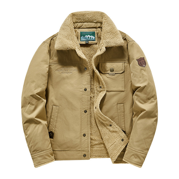 Men's  rugged sherpa-lined canvas chore jacket with stand collar and button-flap chest pocket Drune