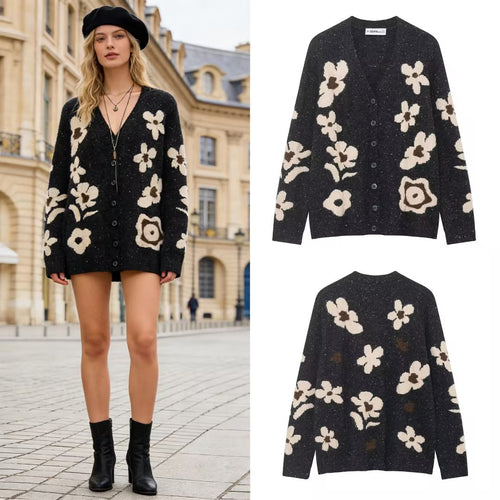 Damen Kurze Strickjacke mit Leopardenmuster und Perlenblütenknöpfen Drune