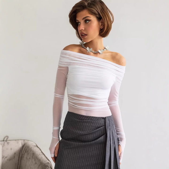 Damen Off-Shoulder Langarmshirt aus leicht transparentem Stoff mit raffiniertem Drapierungseffekt Drune